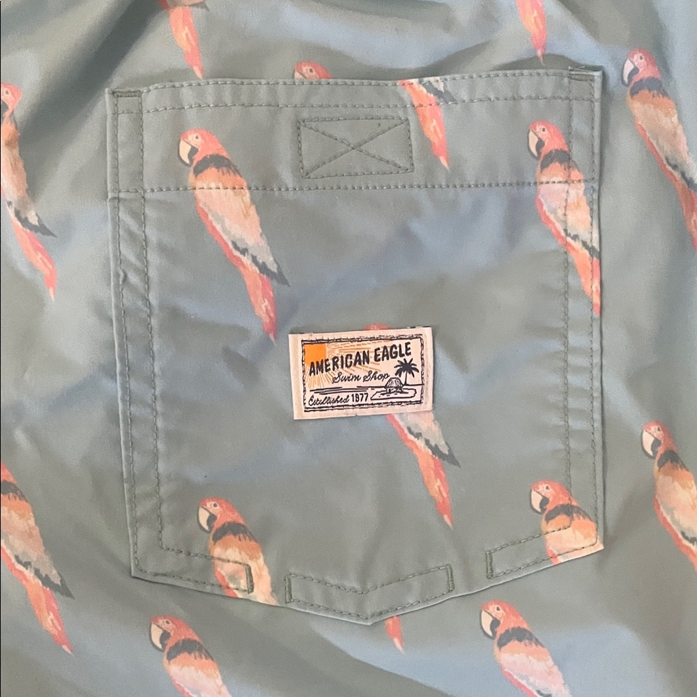 American Eagle Outfitters men's Aqua Bird Print Swim Trunks - Picture 6 of 9